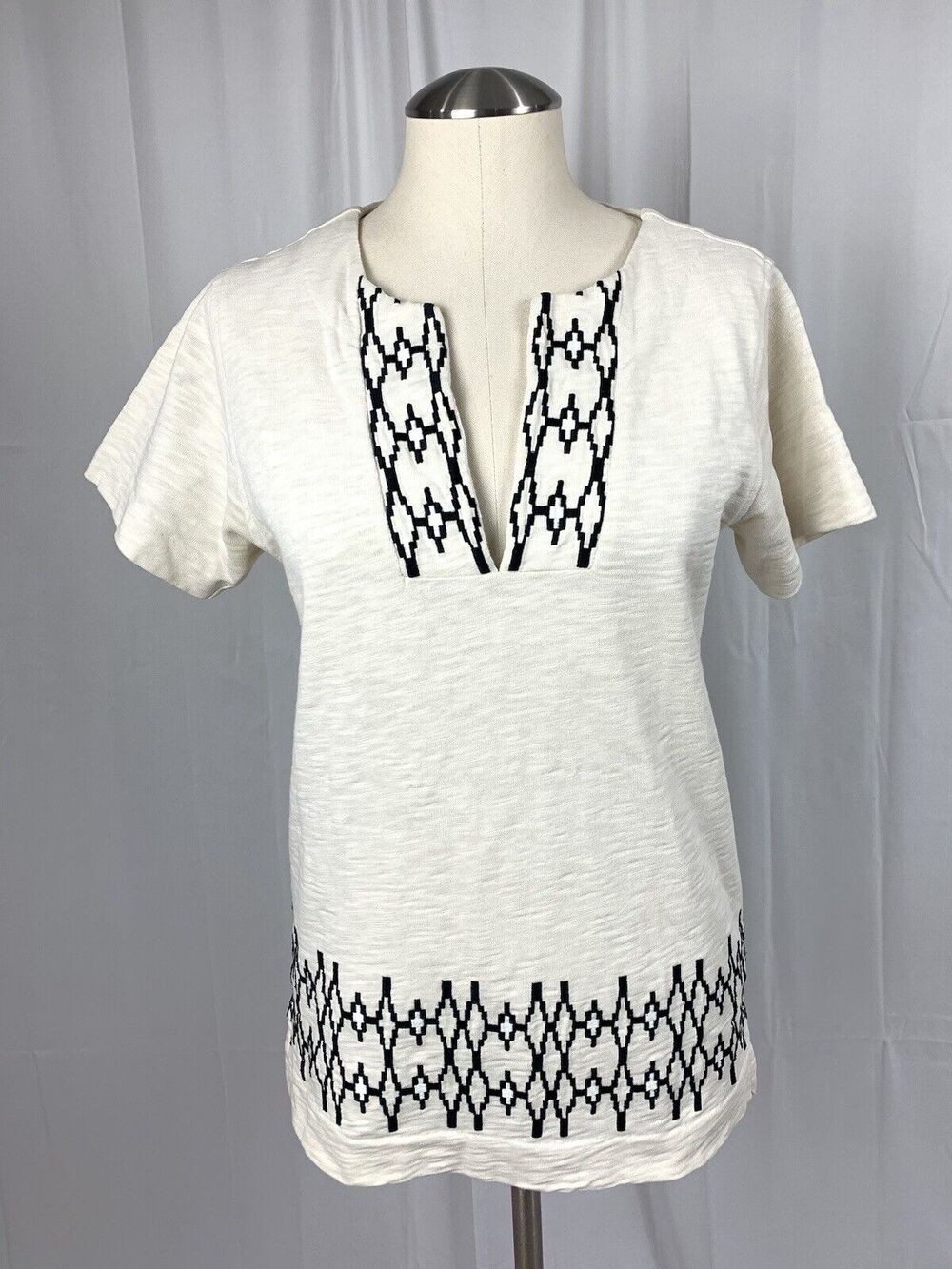 Madewell Boxstitch Slub Blouse Cream Off White Black Embroidered Tee Top Size XS